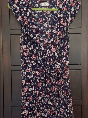 Navy Floral Midi Dress with Pink & White Blooms